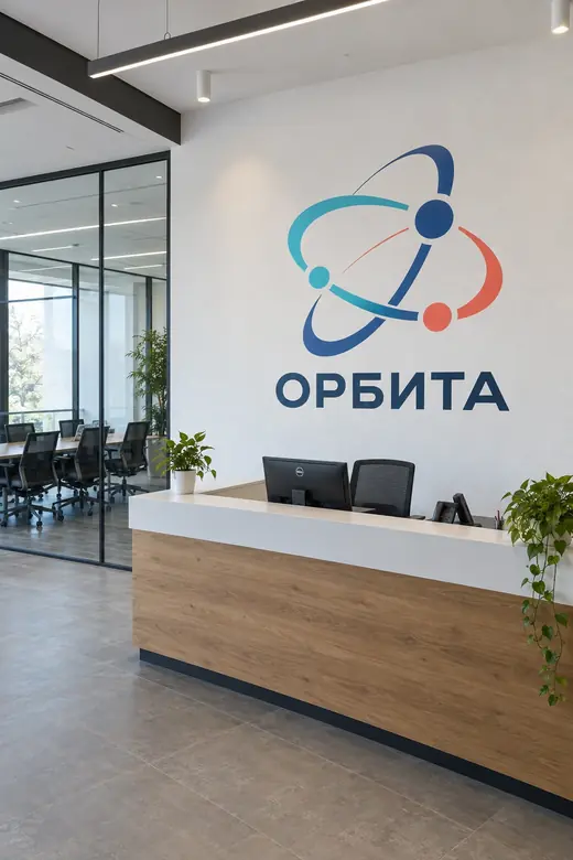 Офис рецепция с бял плот, монитор и примерно лого „ОРБИТА“ на стената